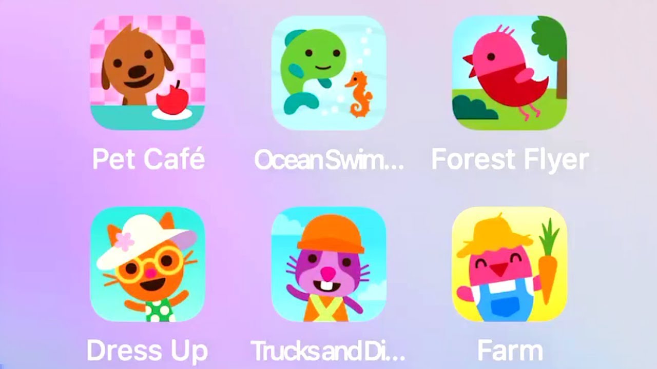 Sago Mini Pet Cafe,Ocean Swimmer,Forest Flyer,Babies Dress Up,Trucks and Diggers,Farm