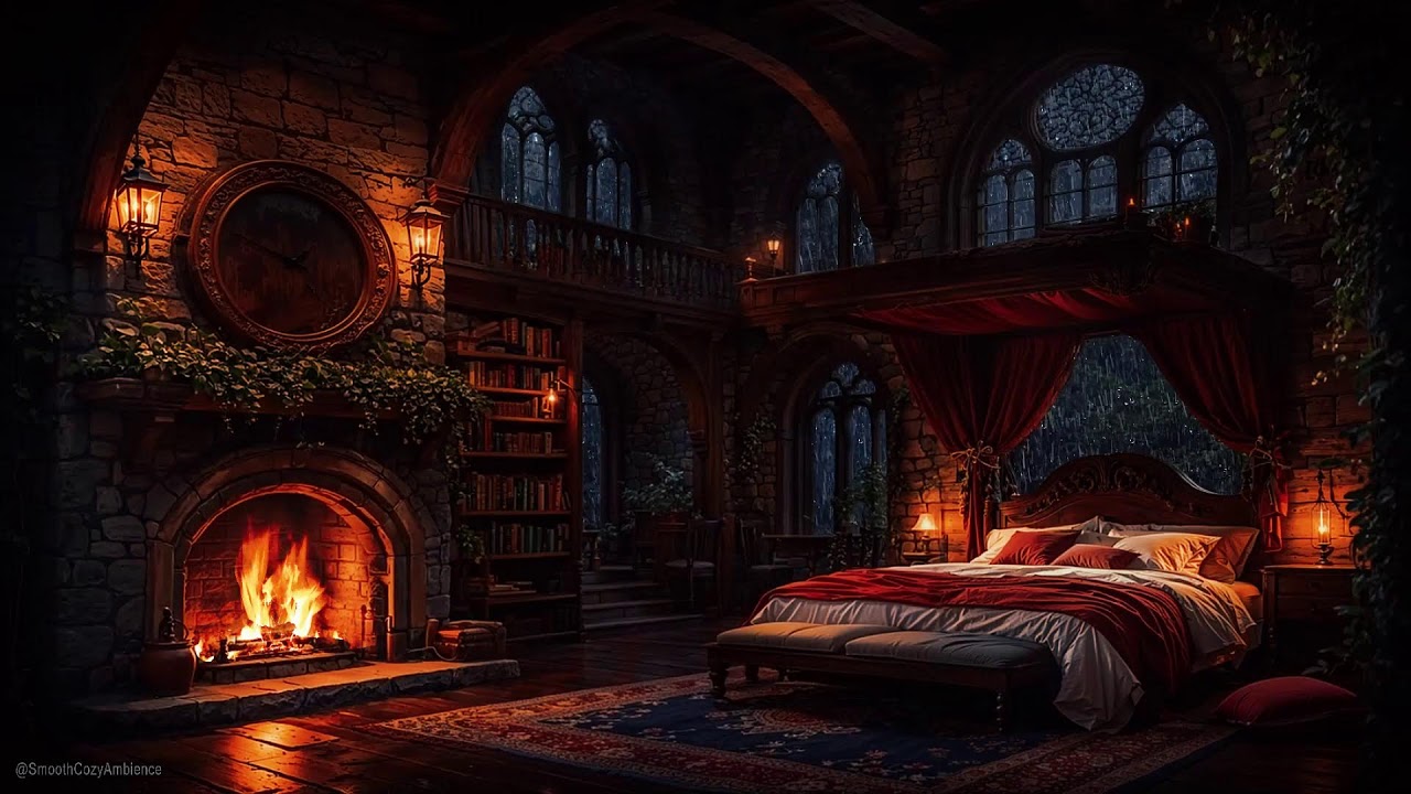 Ancient Stone Castle Room With Thunderstrom, Fireplace & Rain Sounds