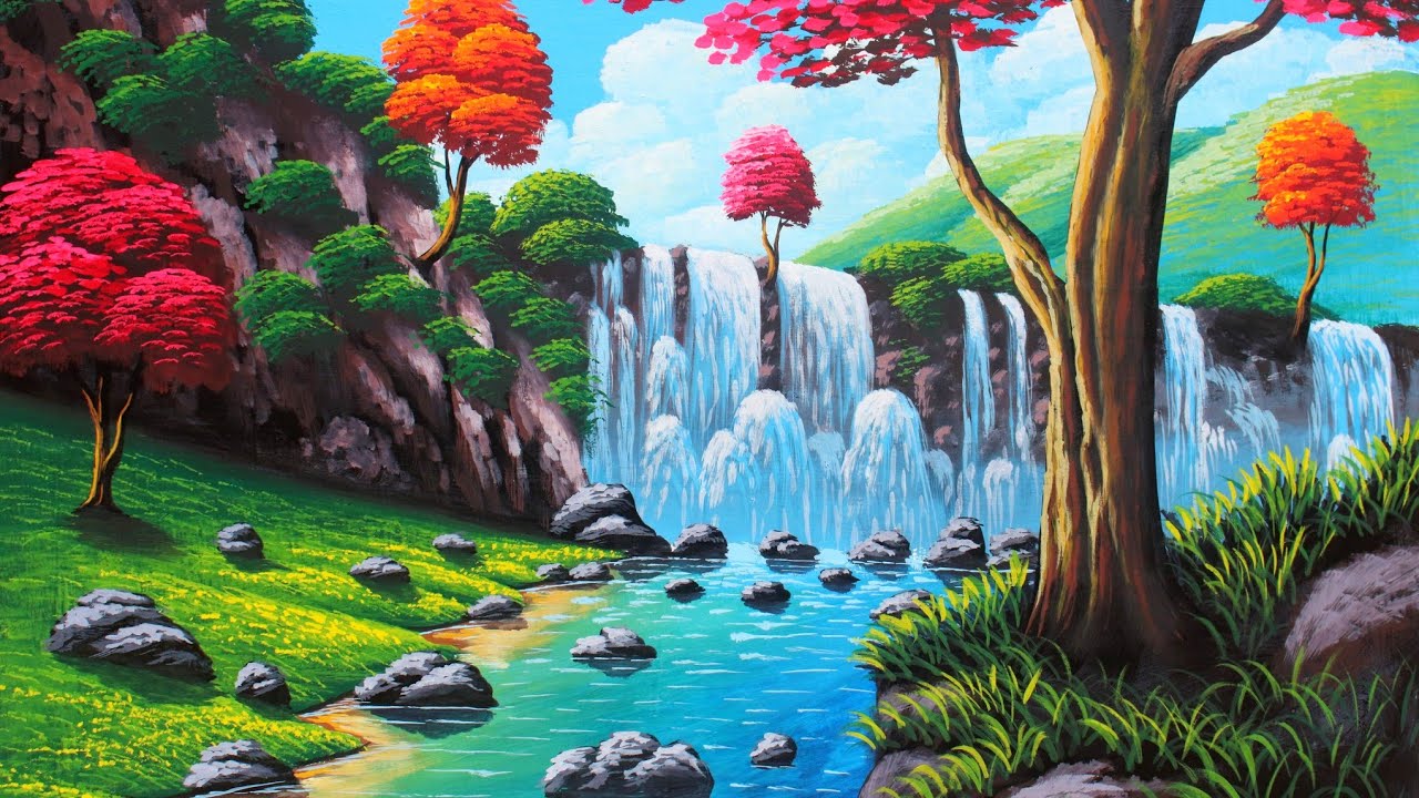 Waterfalls in the mountains | autumn nature drawing painting