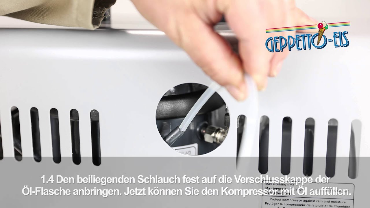 Inbetriebnahme und Anschluss des Druckluft-Kompressors an die Spaghettieispresse