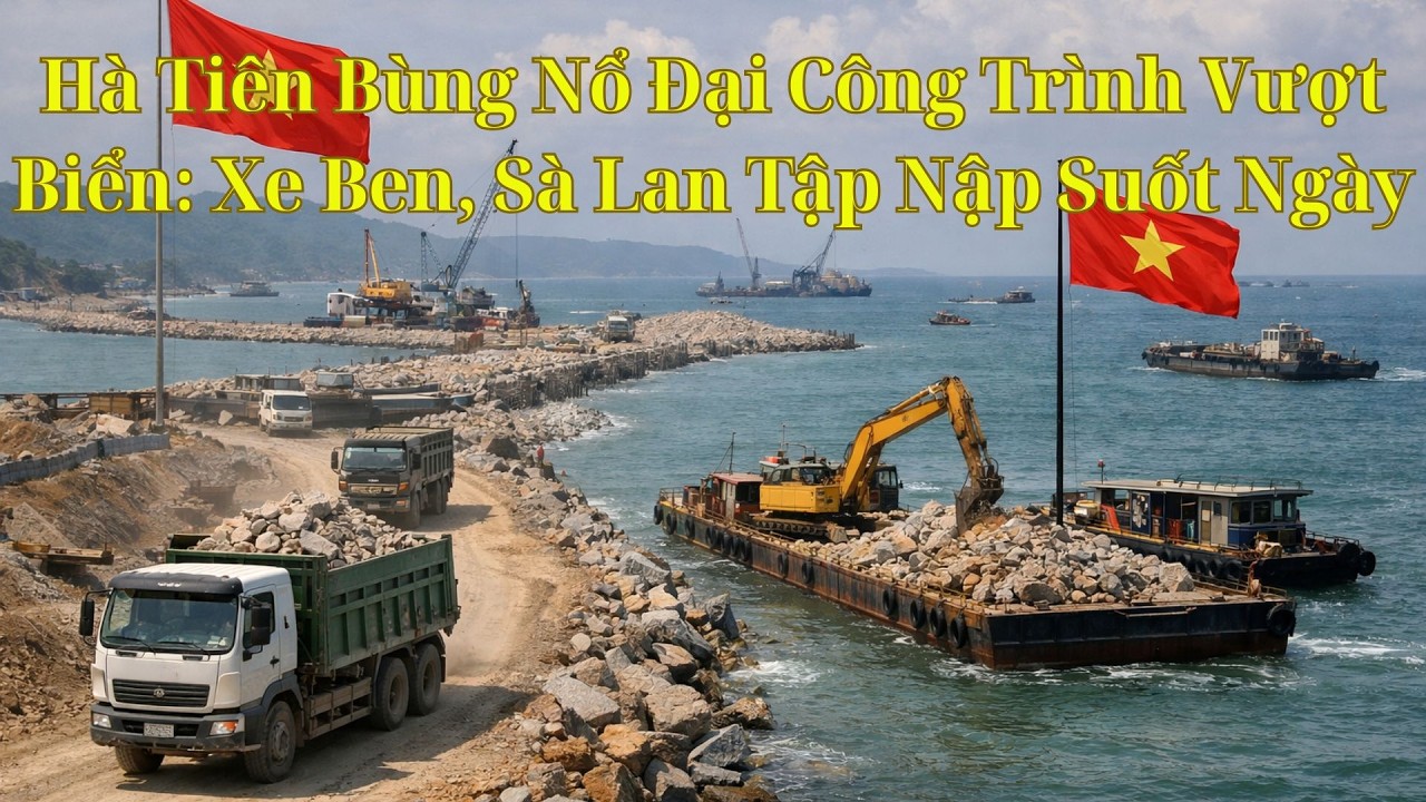 Hà Tiên Bùng Nổ Đại Công Trình Vượt Biển Xe Ben, Sà Lan Tập Nập Suốt Ngày