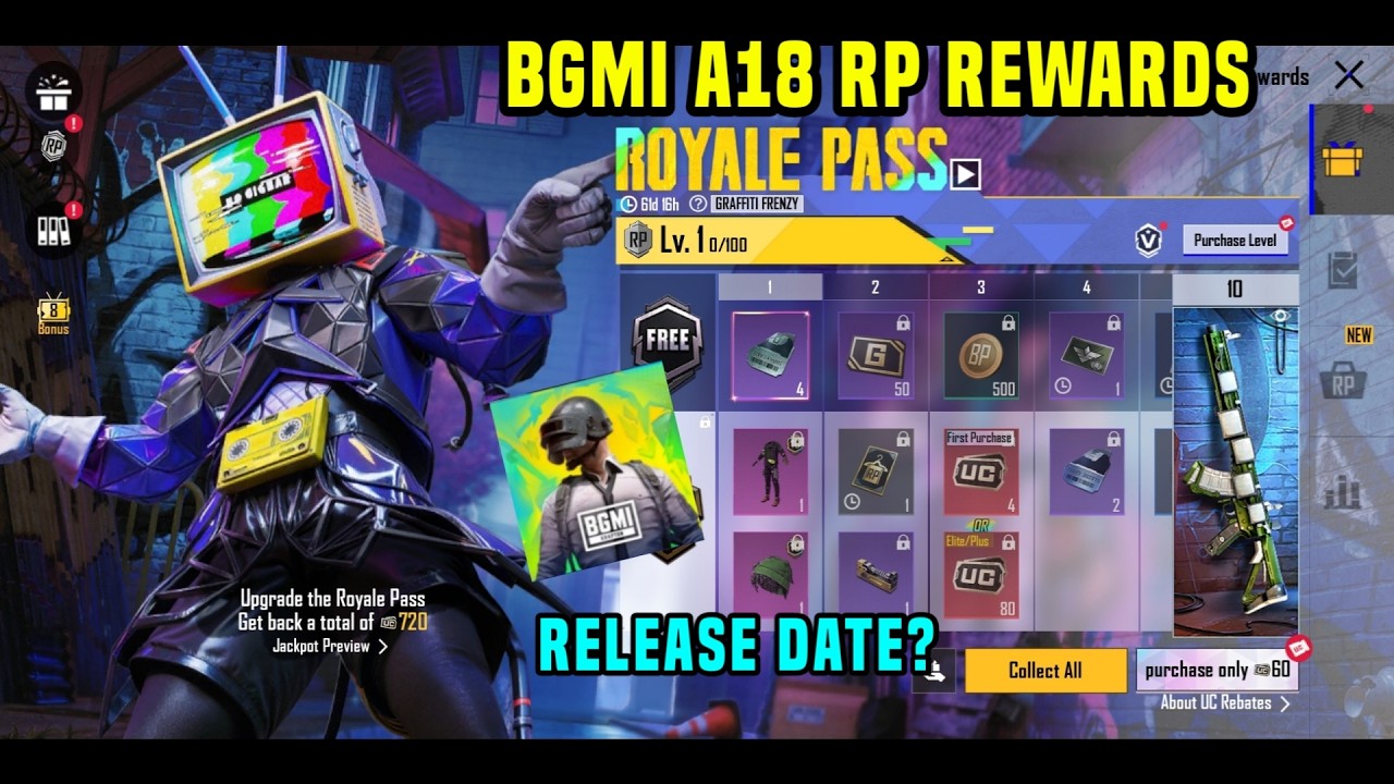 BGMI A18 ROYAL PASS REWARDS / A18 ROYAL PASS 1 TO 100 RP REWARDS /  BGMI NEW ROYALE KAB AAYEGA DATE
