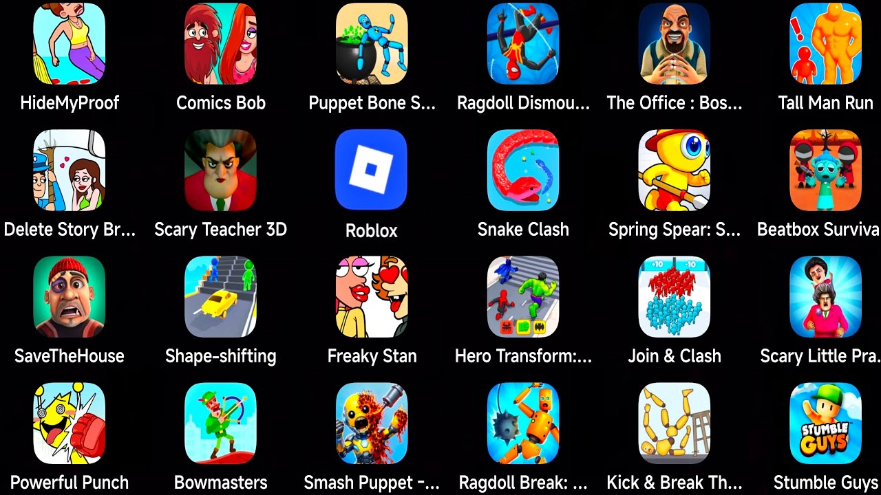 Roblox, Tall Man Run, Snack Clash, Delete Story Brain Puzzle, Freaky Stan, MISMAX GAMING