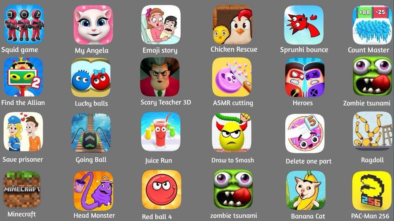 Minecraft, Squid Game, Count Master, Roblox, Find the Allian, Red Ball 4, Scary Teacher 3D, Spranky