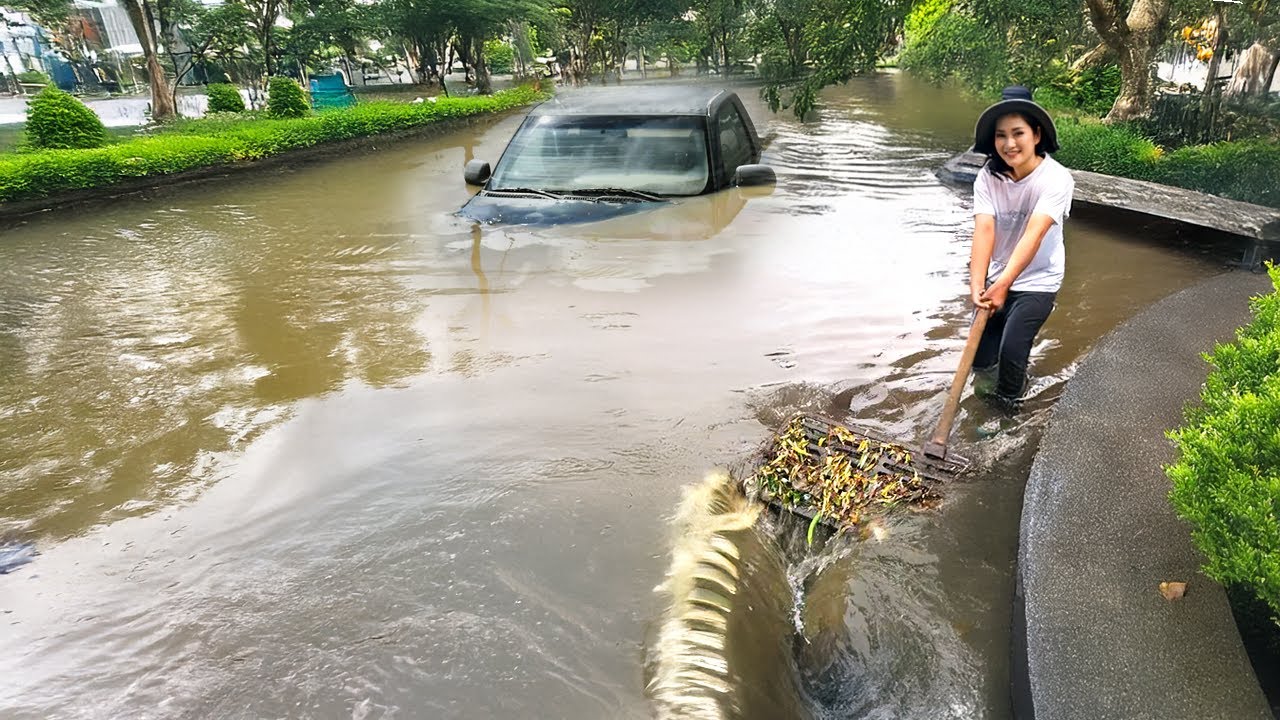 Draining Massive Flood By Unclogging Drains, Big Whirlpools