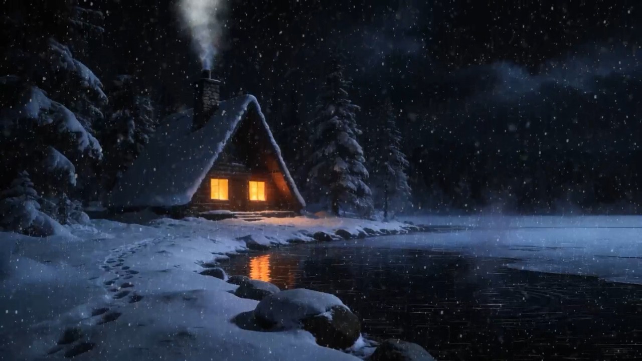 Snow and Wind Outside a Cozy Lake Cabin ❄️ Winter Night Ambience with Crackling Fireplace