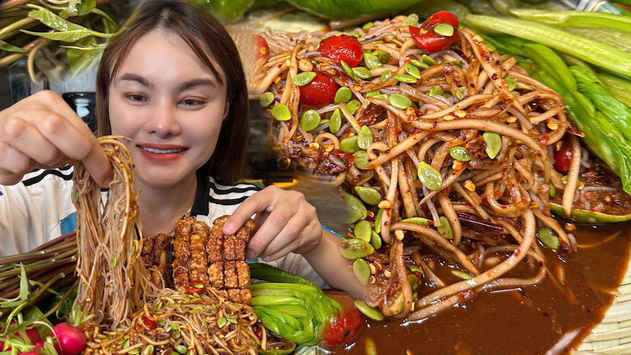 ตำซั่วหมูกรอบสนั่นจอ!! แกล้มผักกระถินอ่อน ผักก้านจอง ม้วนคำใหญ่แซ่บๆ |ตั้มมี่Channel