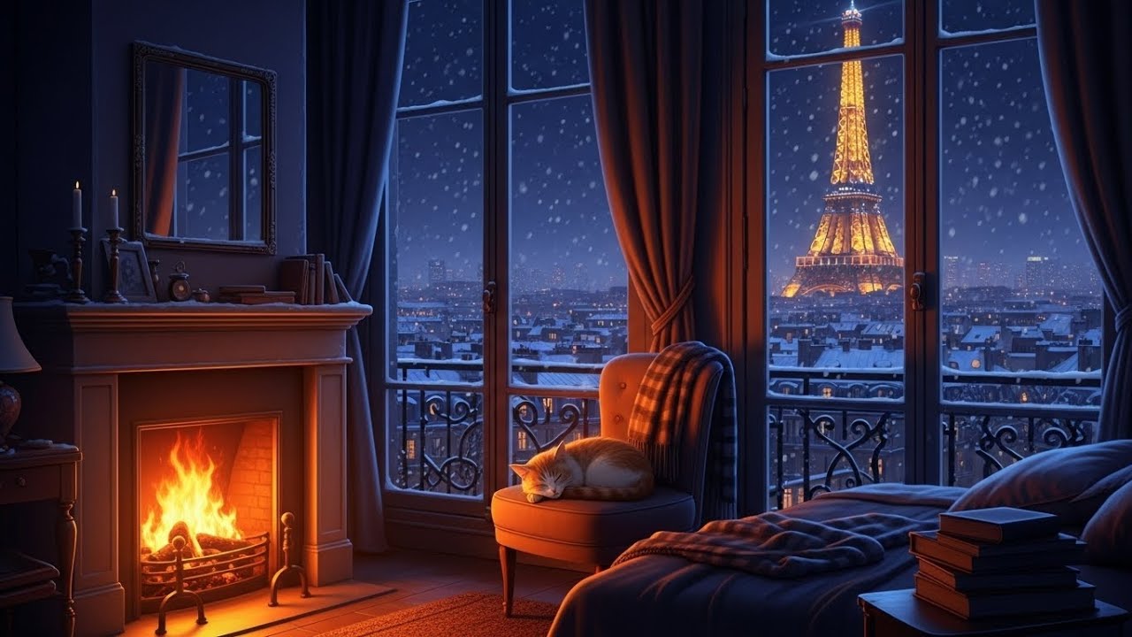 silent night in the 1940s paris | oldies playing in another room (crackling fireplace & blizzard)