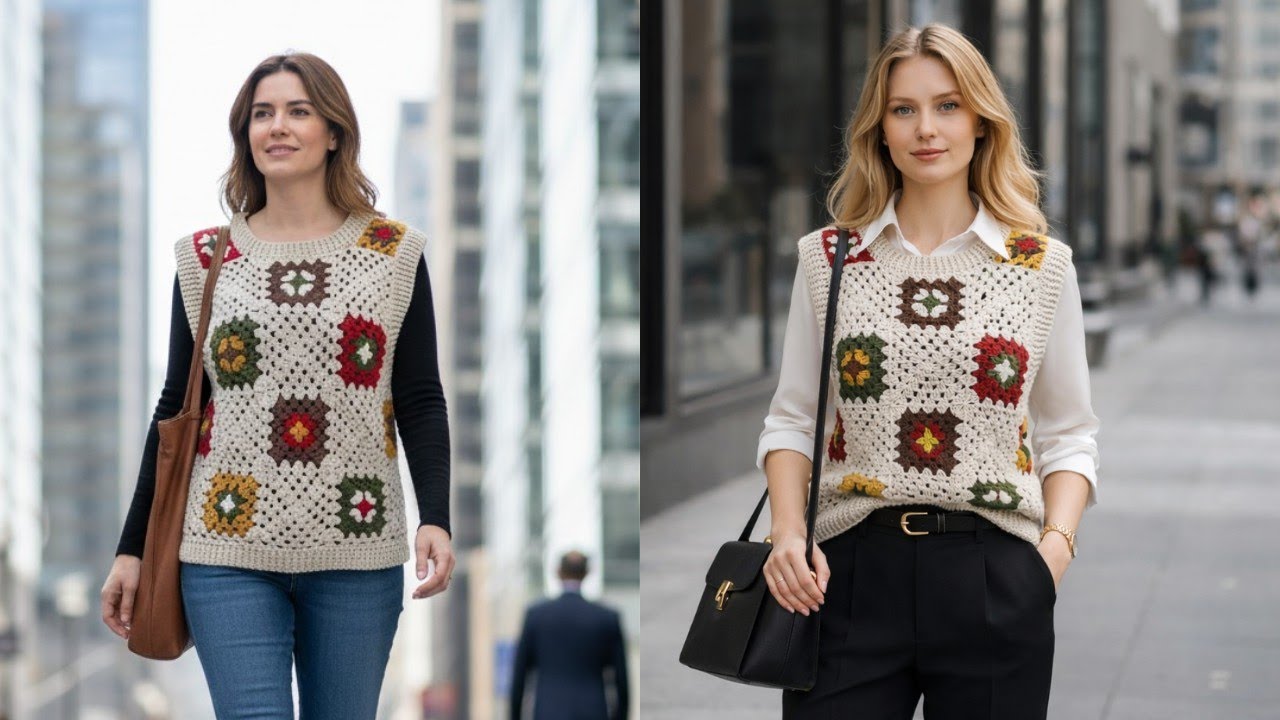 Жилет крючком с мотивами – Часть 2 💞 Crochet Square Crochet Vest Tutorial
