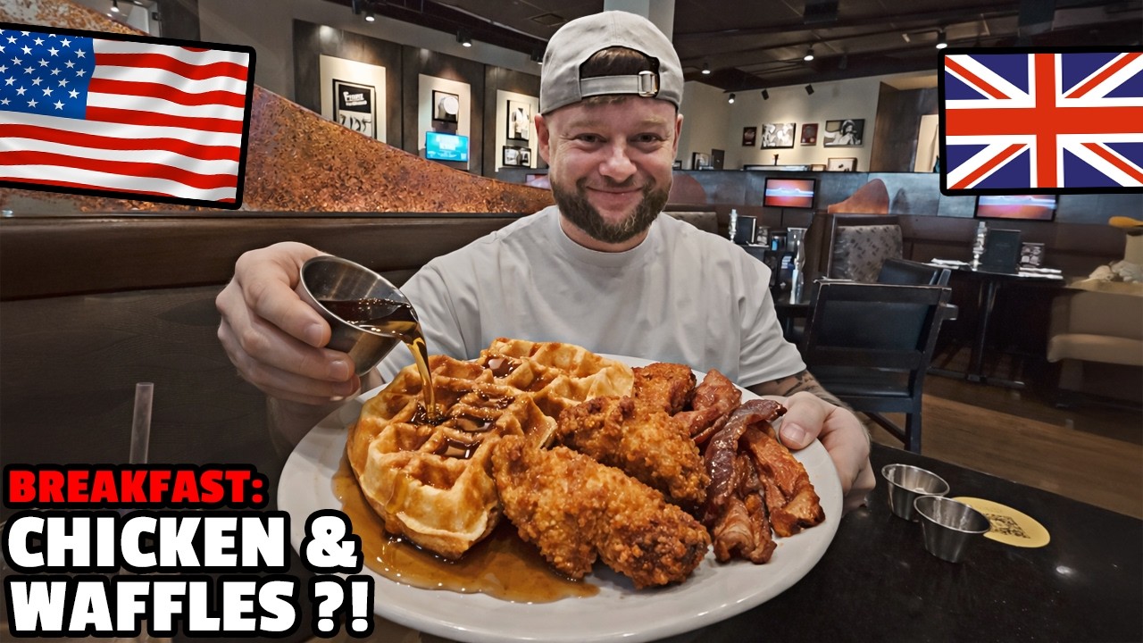 Brit's First Time eating Chicken & Waffles for Breakfast in America!