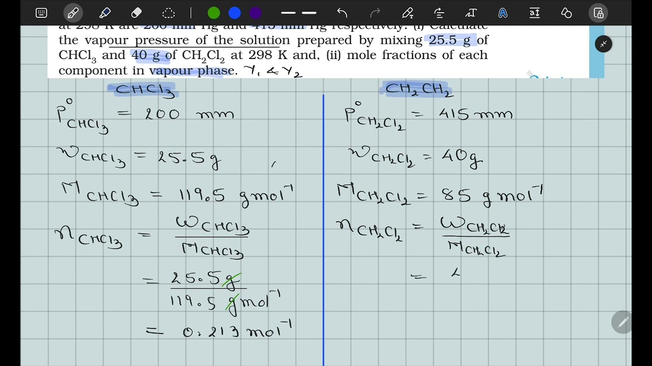 Example 1.5 | Vapour pressure of chloroform (CHCl3) and dichloromethane (CH2Cl2) at 298 K are 200 mm