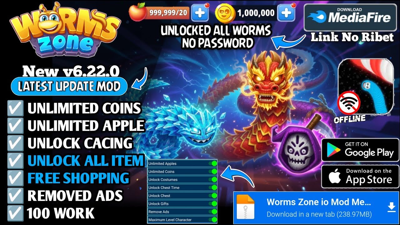 Worms Zone Oi Mod Apk v6.22.0 Terbaru 2026 - Unlimited Coins Unlimited Apple & Max Level