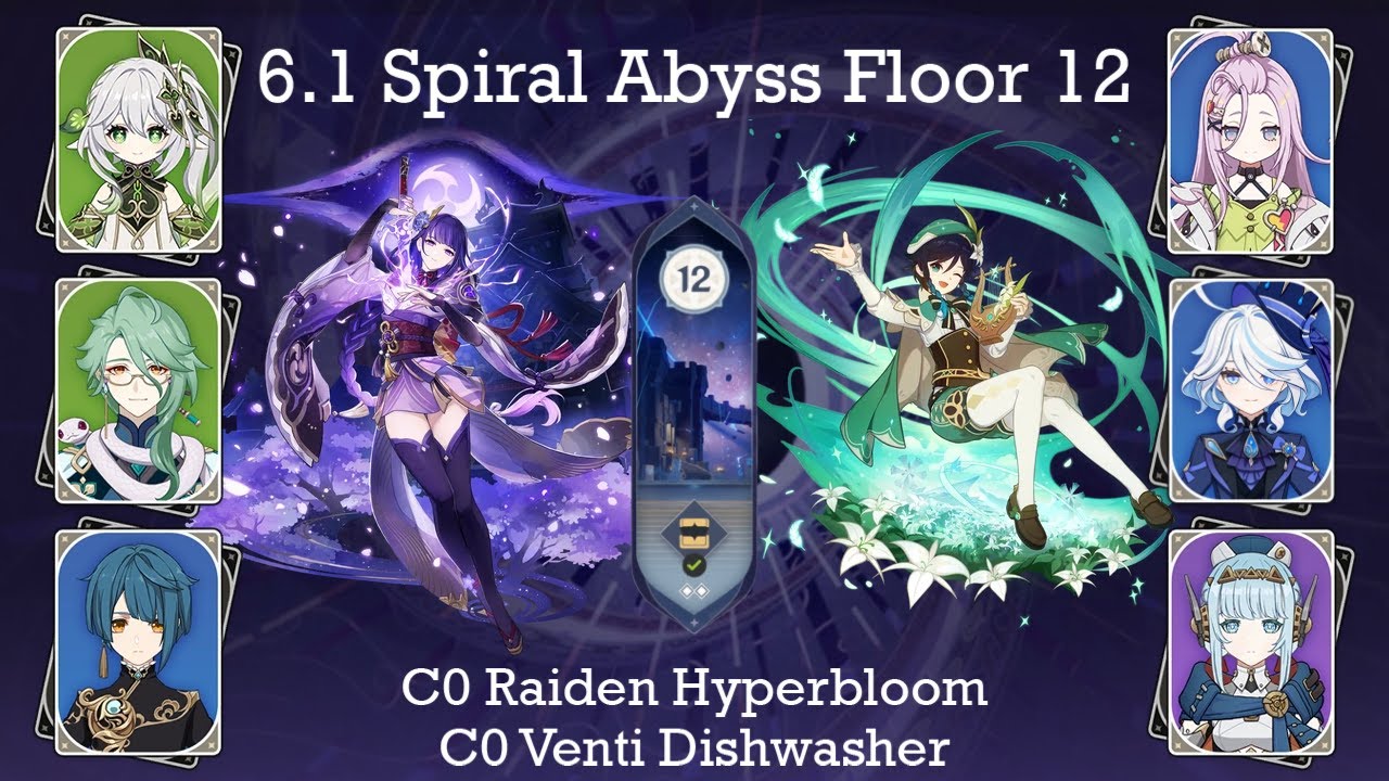 C0 Raiden Hyperbloom ● C0 Venti Посудомоечная машина ● 6.1 Spiral Abyss F12 9 звезд