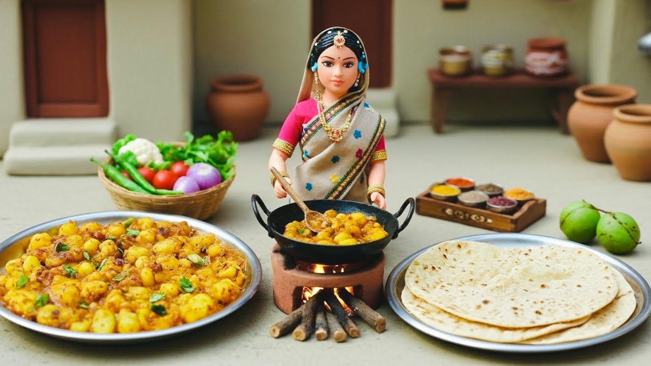 Miniature Doll Aloo Sabzi Cooking in Village Kitchen ASMR