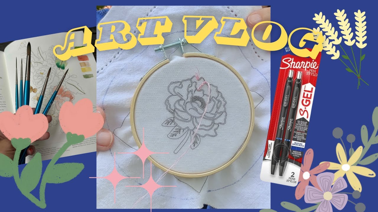Art Vlog ✩  Sharpie S Gel Pen and W&N Cotman Watercolor Brushes and Free DMC Embroidery Patterns