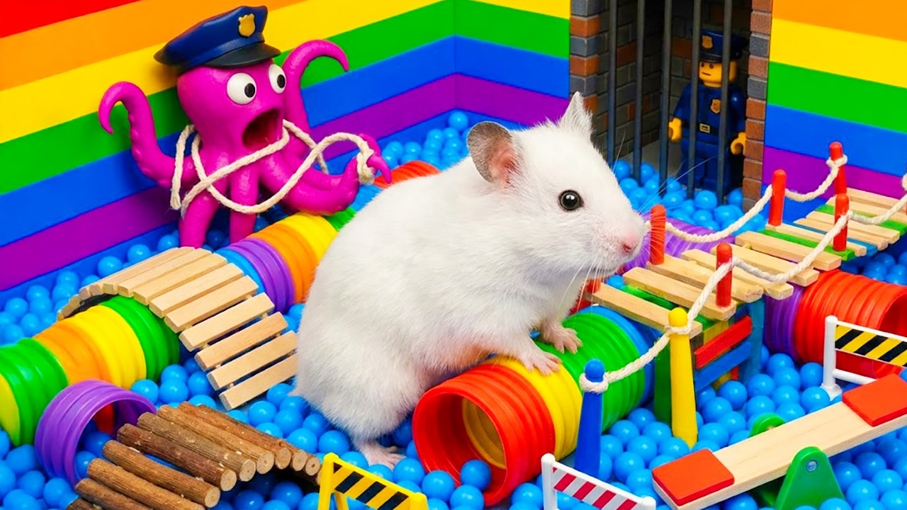 Hamster Rescues Octopus Police Officer from Colorful Prison Maze | Hamster Maze
