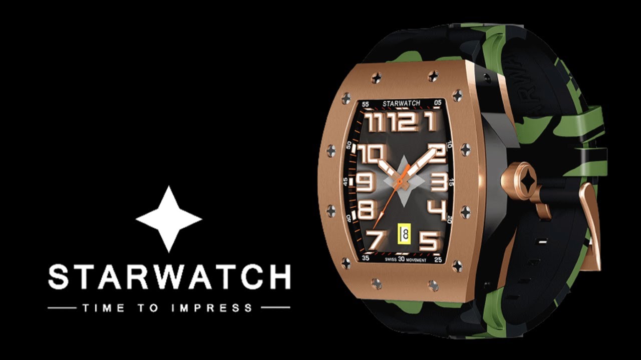 Montre tonneau STARWATCH or rose bracelet camouflage vert