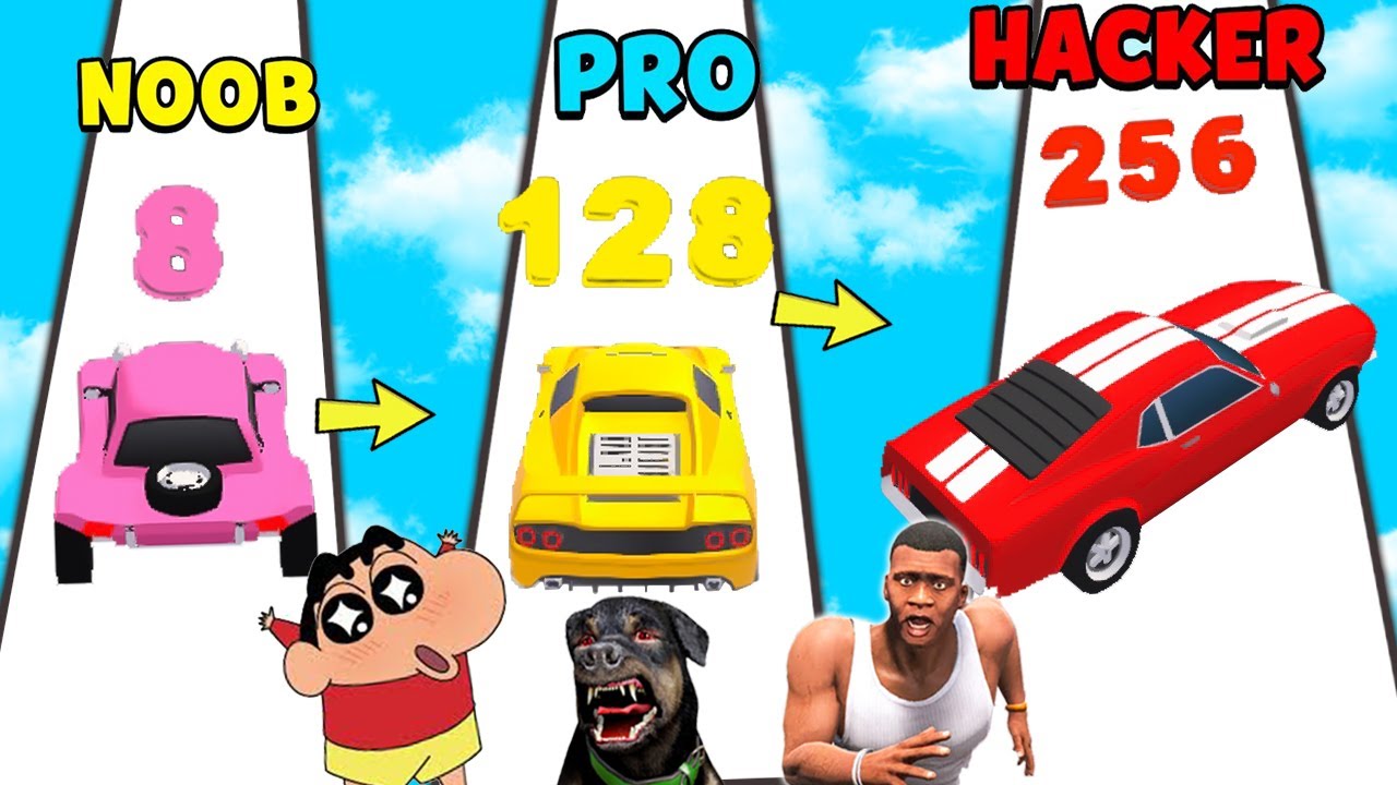 SHINCHAN VS CHOP VS FRANKLIN SUPERCAR MERGE AND RACE CHALLENGE IN MERGE CAR | NOOB vs PRO vs HACKER