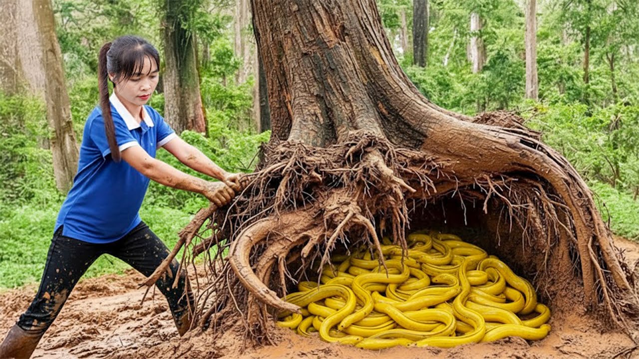 Mãe Solteira Captura Enguias Gigantes no Campo com Método Ancestral – Técnica de Captura Ousada