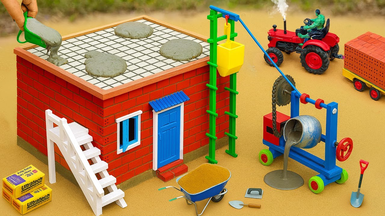 DIY Mini Tractor Builds a Brick and Cement Lightning-Proof House | Science Project