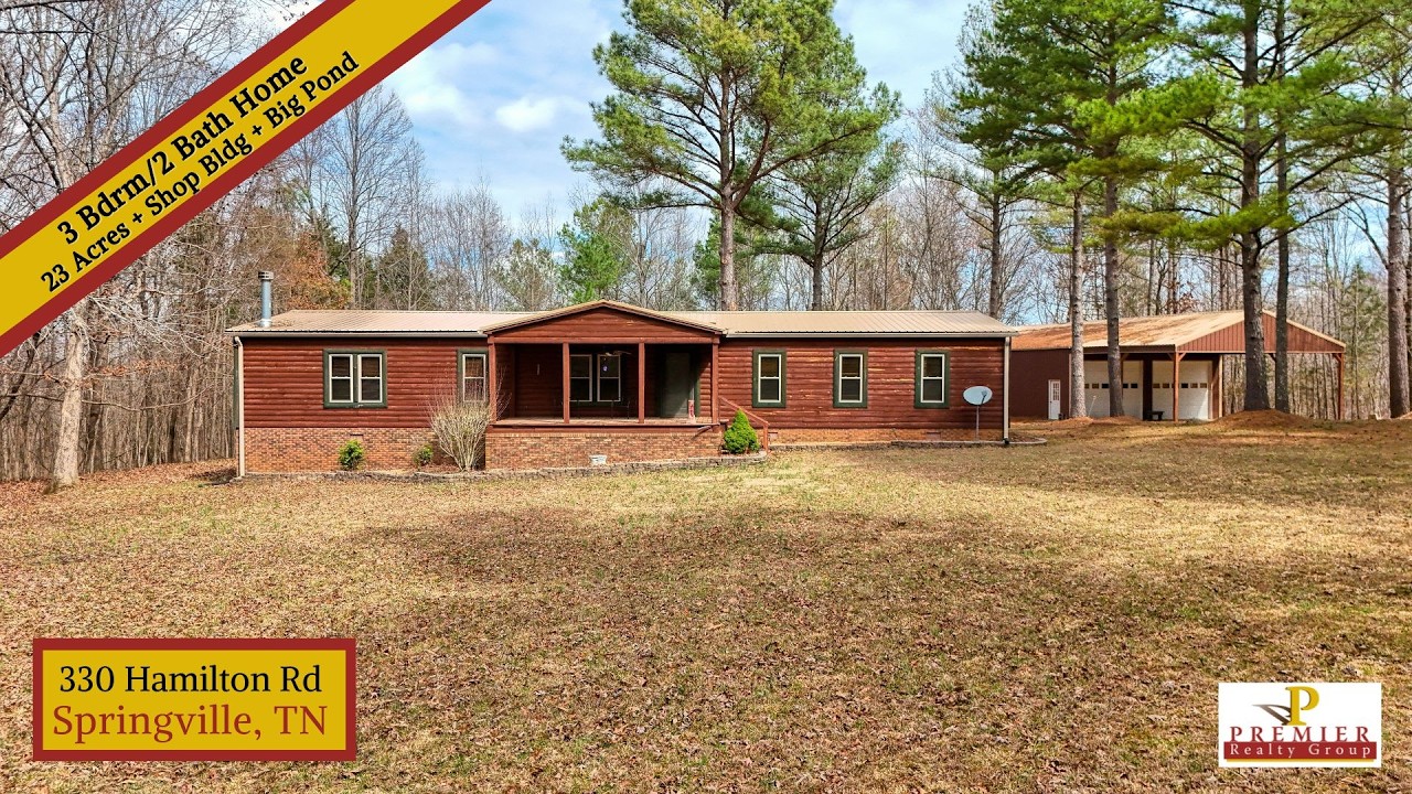 Home on 23 Acres with Large Pond + Shop Building | Springville, TN