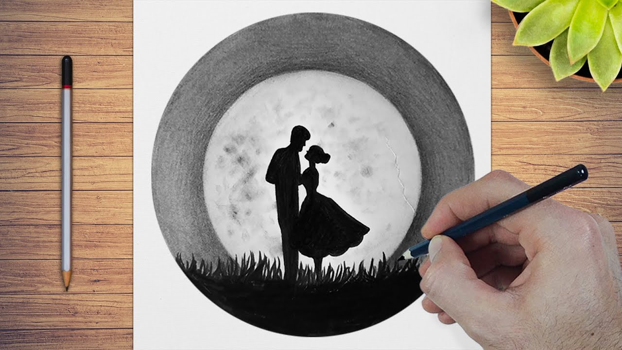 Drawing in Circle : How To Draw Love Couple in Night Scene Drawing Tutorial
