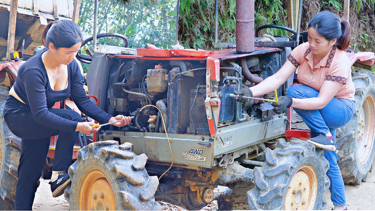 Mechanic girl repairs and restores complete tractor, mechanical genius girl, blacksmith girl