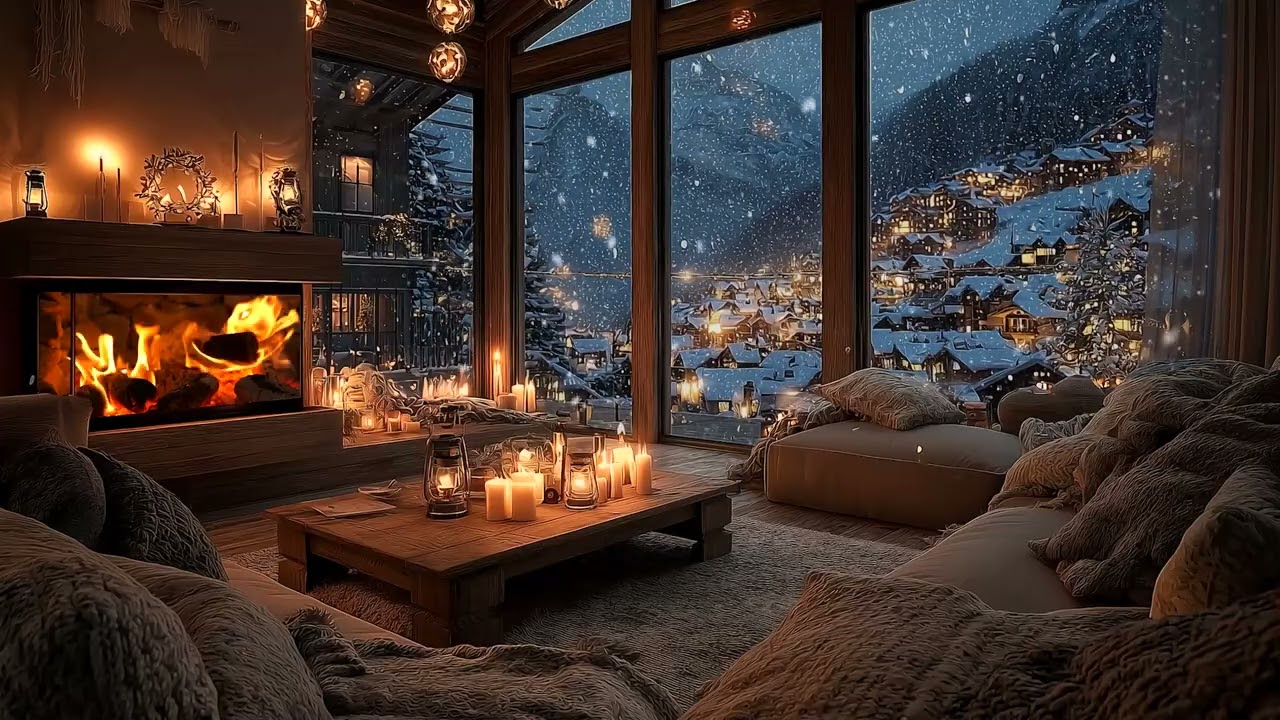 Crackling Fireplace and Calm Piano Ambience  Peaceful Winter Night Sounds for Deep Sleep and Focus