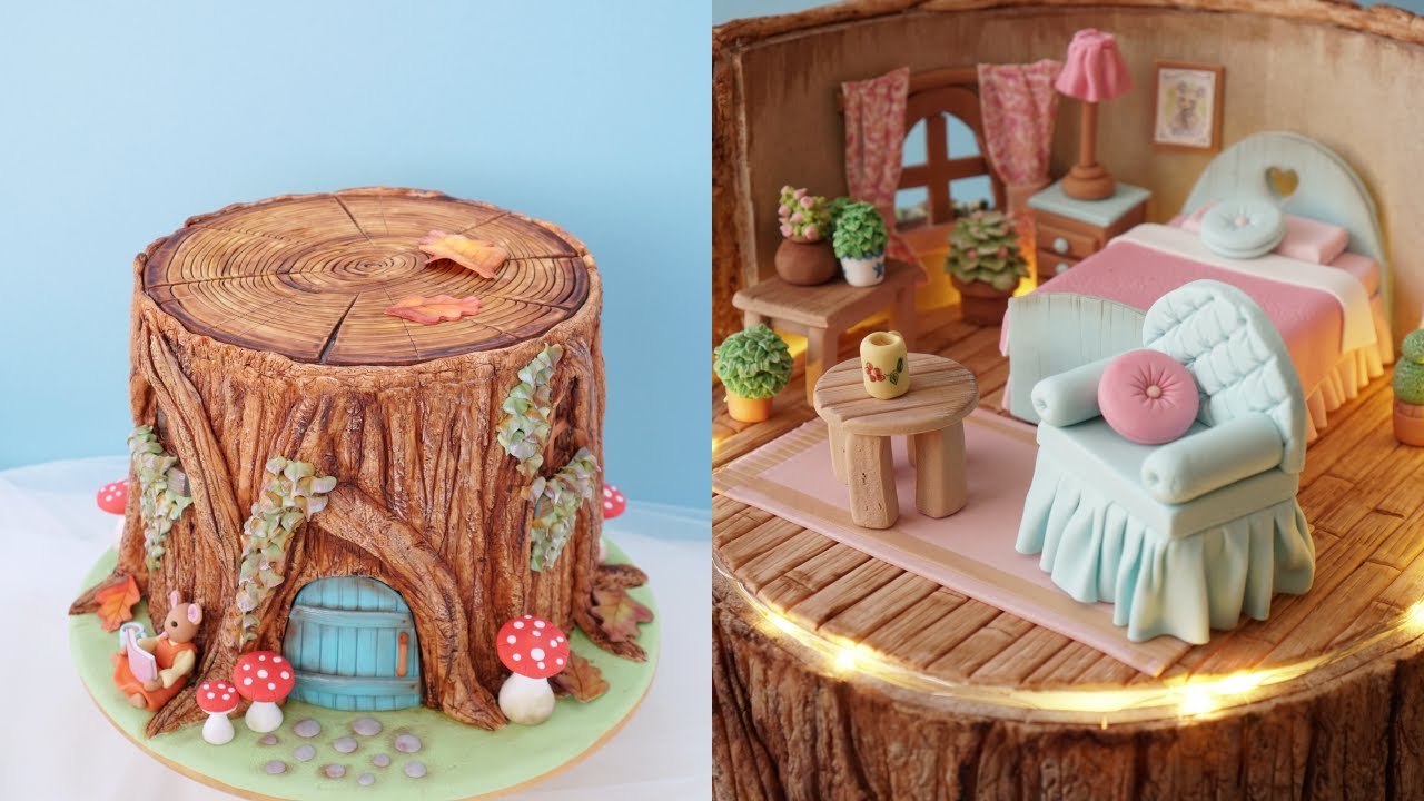 Tree Trunk House Cake | There's light inside this cake!!💡😁미니어쳐 하우스 케이크