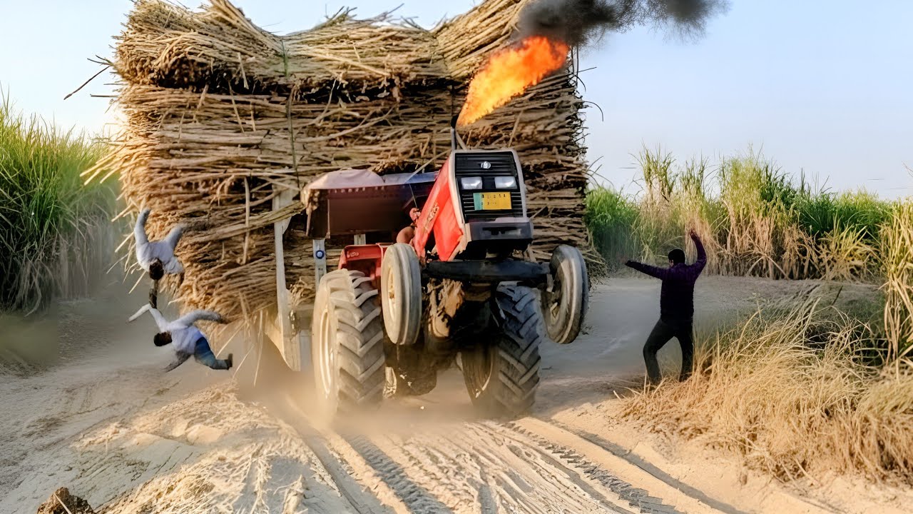 MF 385 🔥Tractor🚜 Powerful Stunts | Sugarcane Trolley Pulling Performance in 4K | Tractor King057
