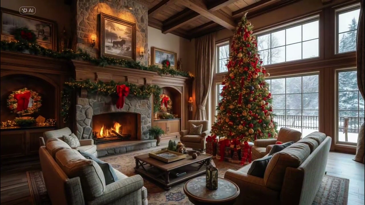 Cozy Christmas Fireplace Ambience with Crackling Fire and Christmas Tree Relaxing Holiday Atmosphere