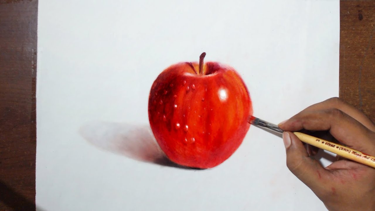 Drawing/Painting a Red Apple - Oil painting Dry brush + prismacolor pencils