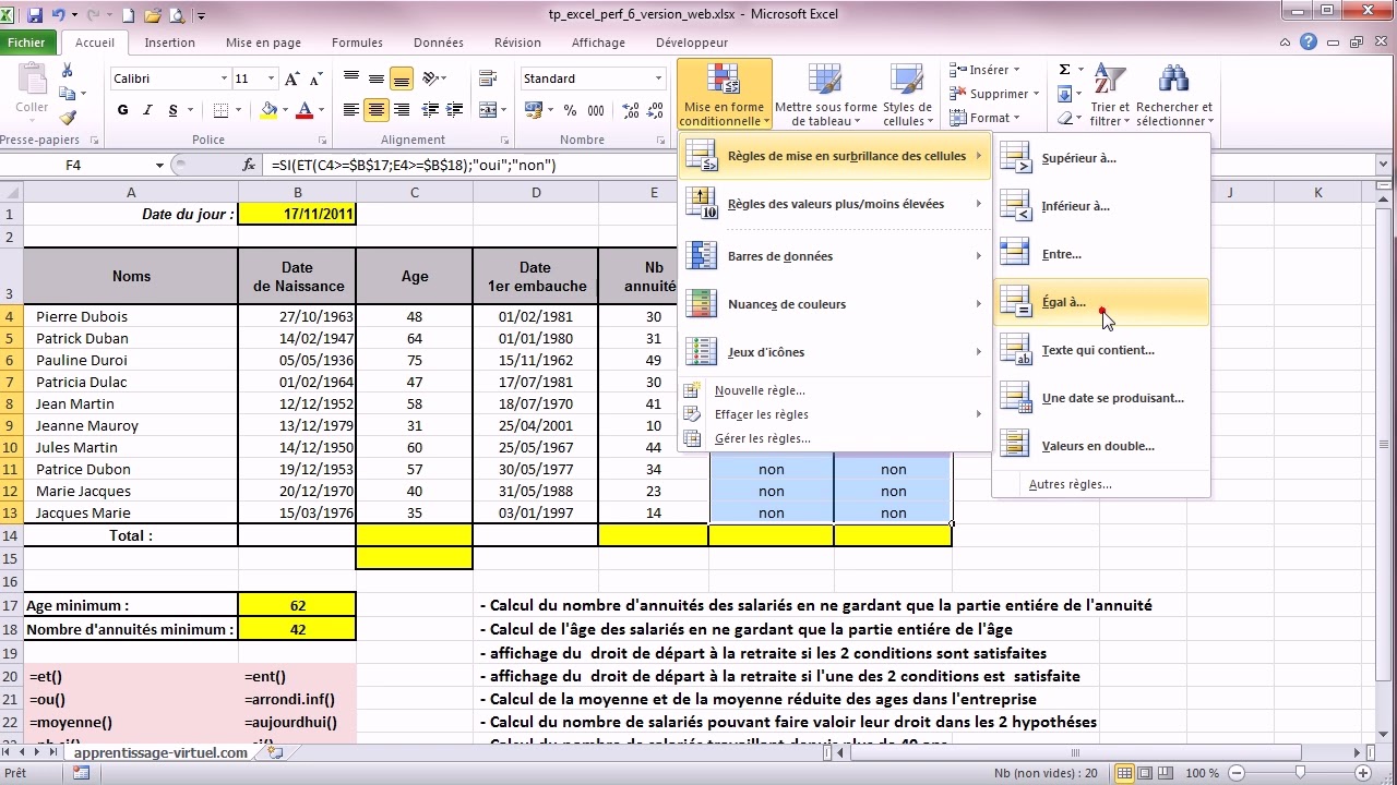 Correction TP Excel n°8 : Logique RH, conditions SI(ET/OU) et Moyenne Réduite