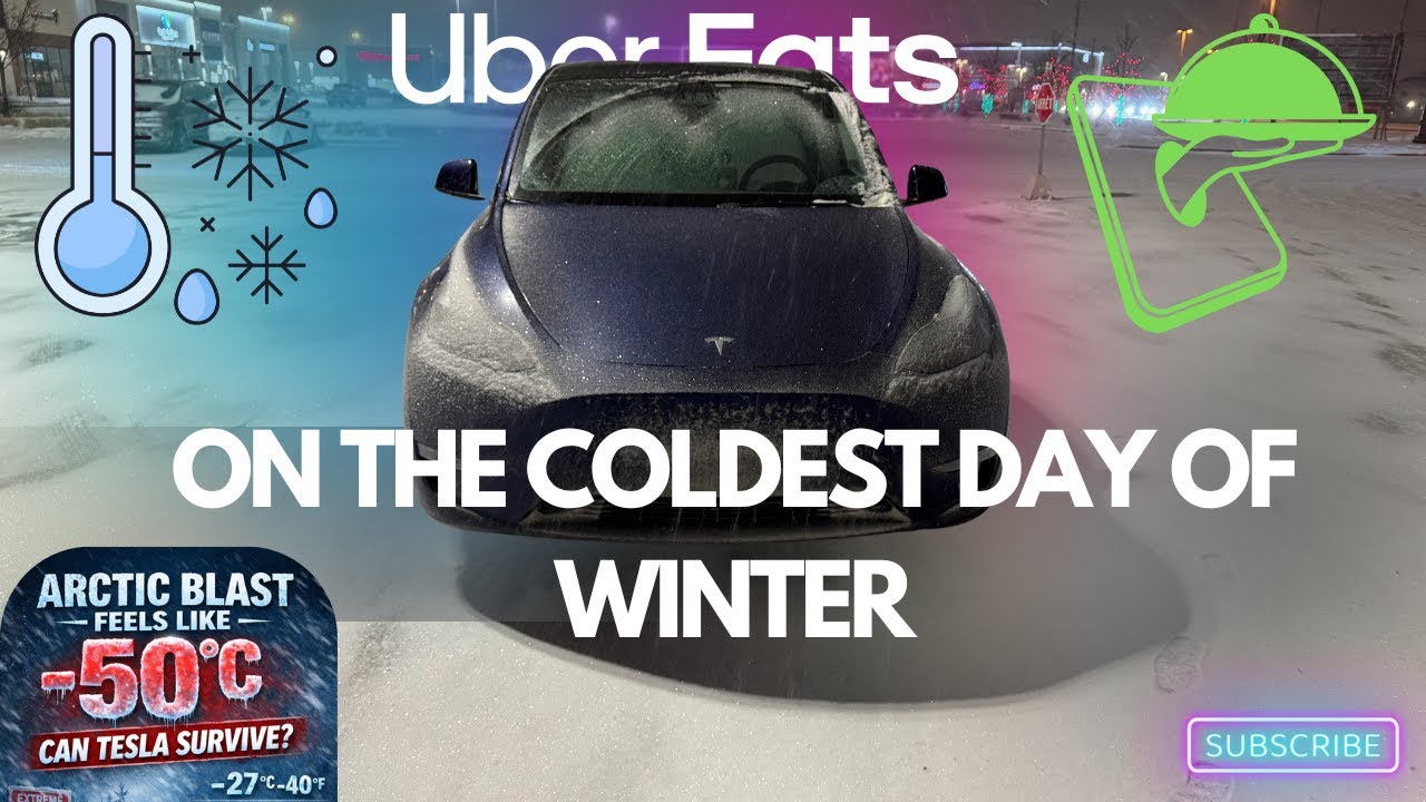 Поездки Tesla с доставкой Uber Eats во время арктического похолодания | Ощущается как -51°C #tesl...