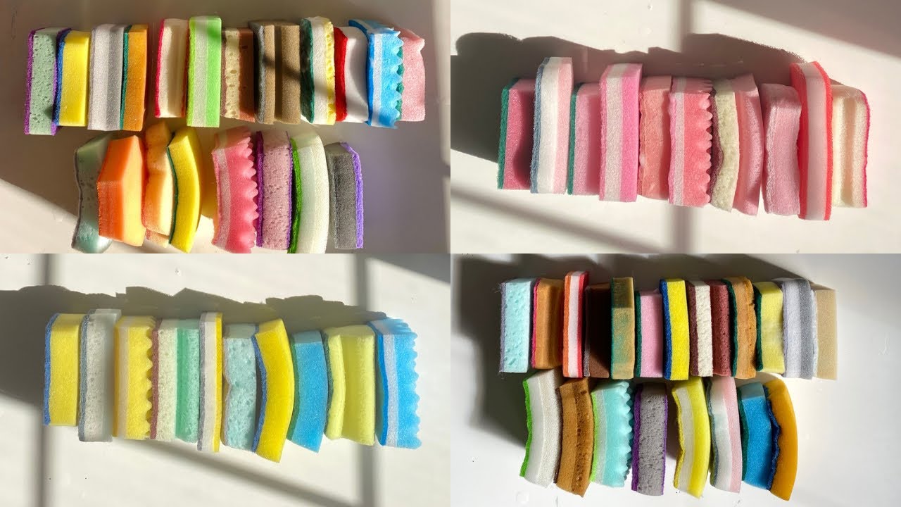 ASMR 🌈 60 kitchen sponges 🧽 bulk scour off sponge ripping edit compilation 1 of 2