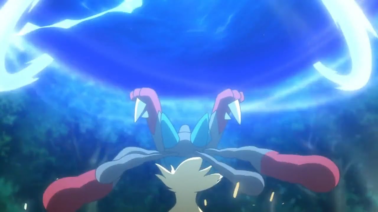 Ash's Mega Lucario Uses a Mega Giant Aura Sphere