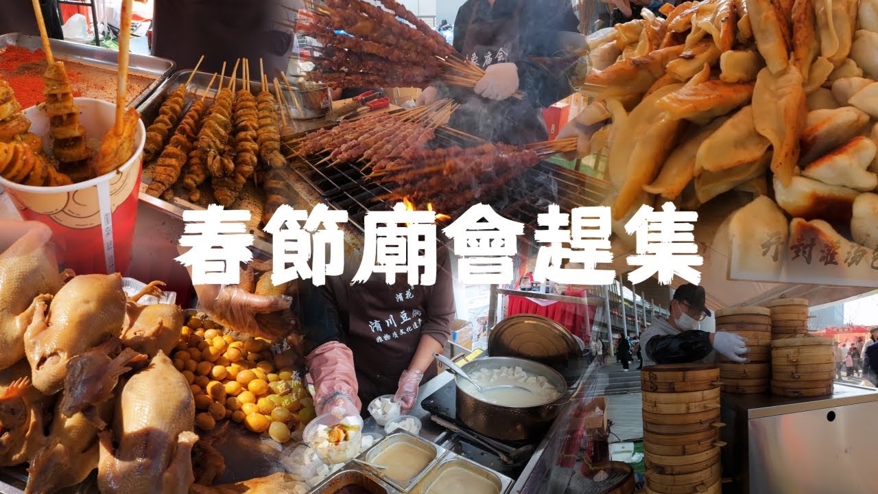 郑州春节大象庙会赶集，汇聚各地特色美食小吃，开封灌汤包子，焖面，洧川拢单热豆腐排队买，烤面筋烤肉串 Food at the Chinese Spring Festival Temple Fair