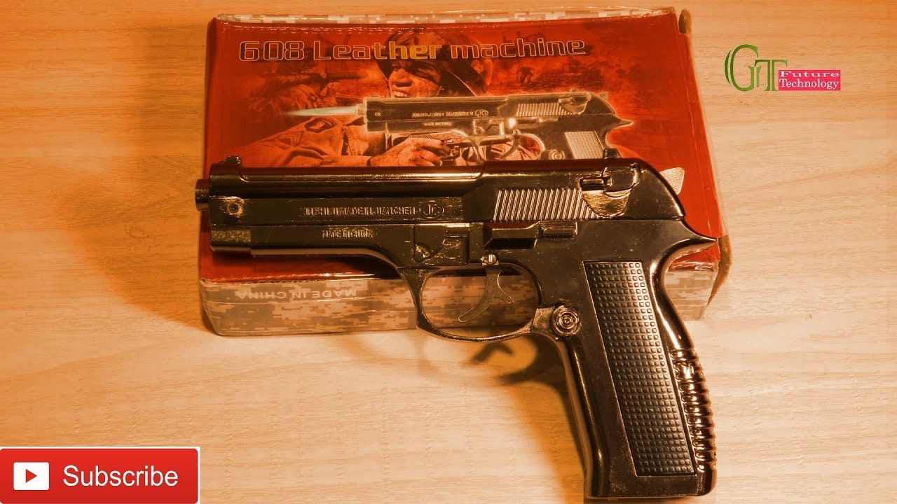 608 metal gun/Pistol cigarette lighter replica of 9 mm Beretta with pull back barrel system (silver)