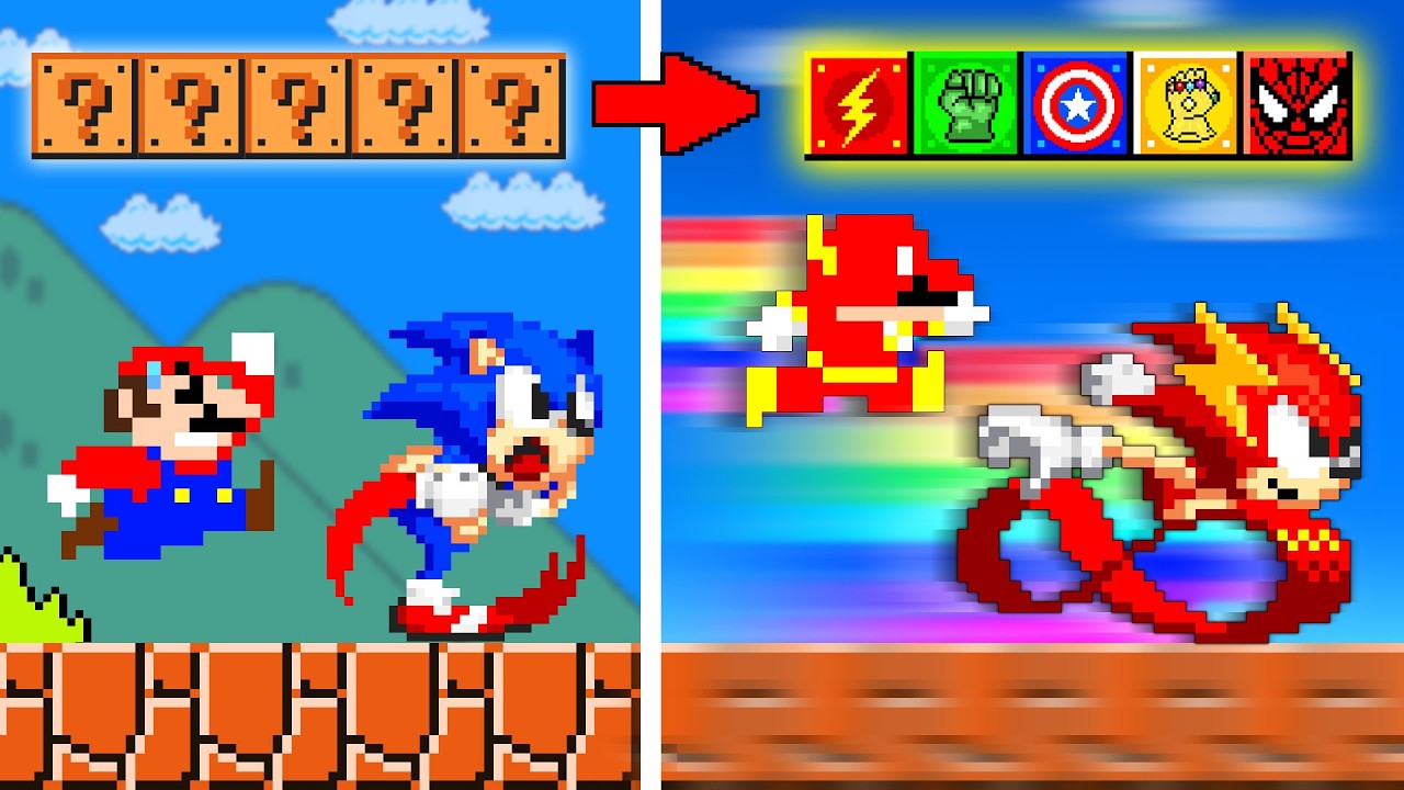 Super Mario Bros. But Mario vs Sonic Collect Custom Blocks to Become Superheroes!