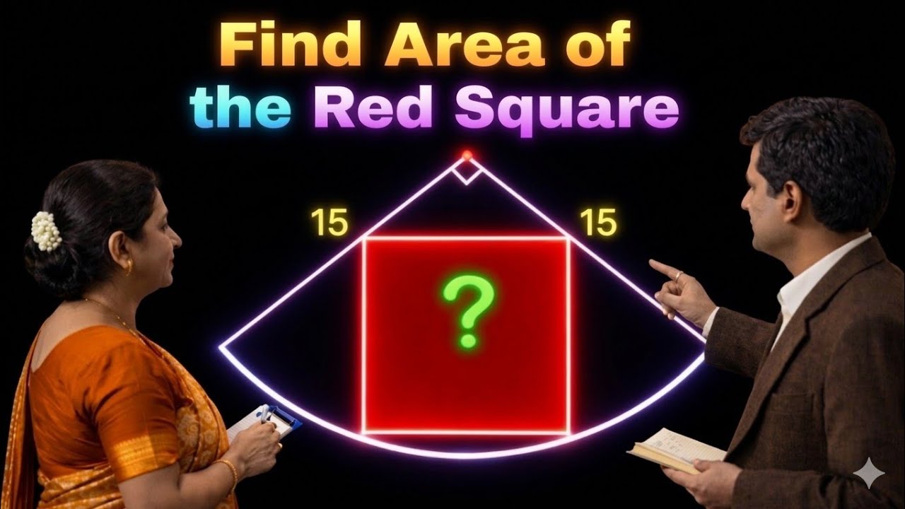 Find Area of the Red Square Inside a Quarter Circle | Geometry Puzzle 