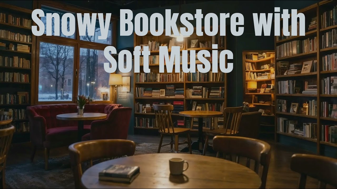 Winter Bookstore Escape: Soft Music, Snowfall & Cozy Ambience