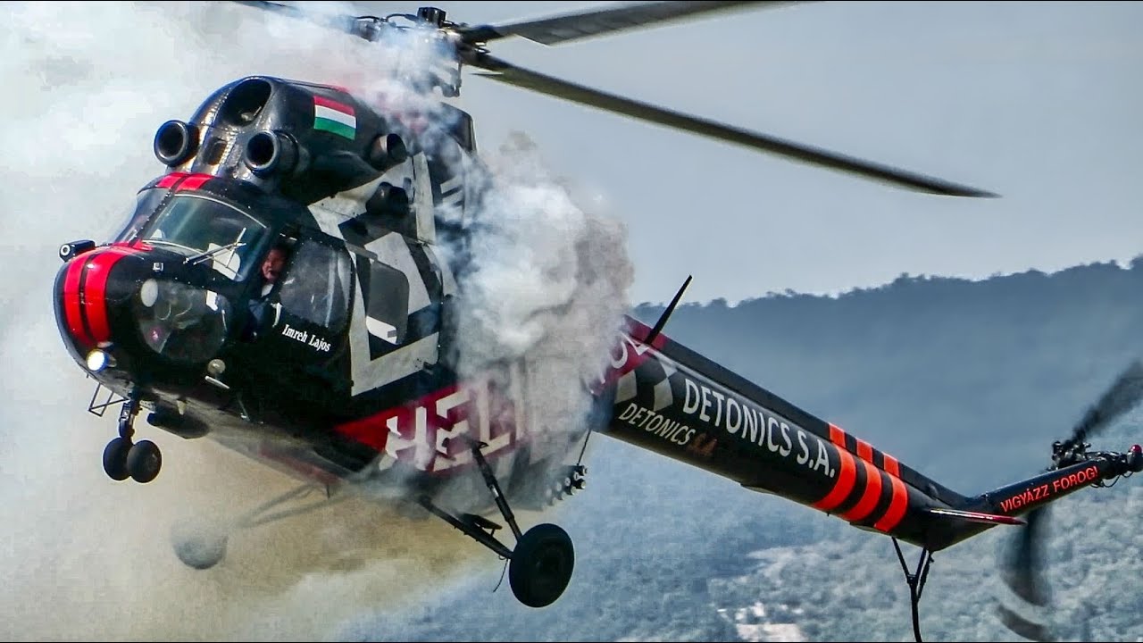 Mil Mi-2 HA-BCL helicopter aerobatics with smoke at Budaörs Airshow 2018