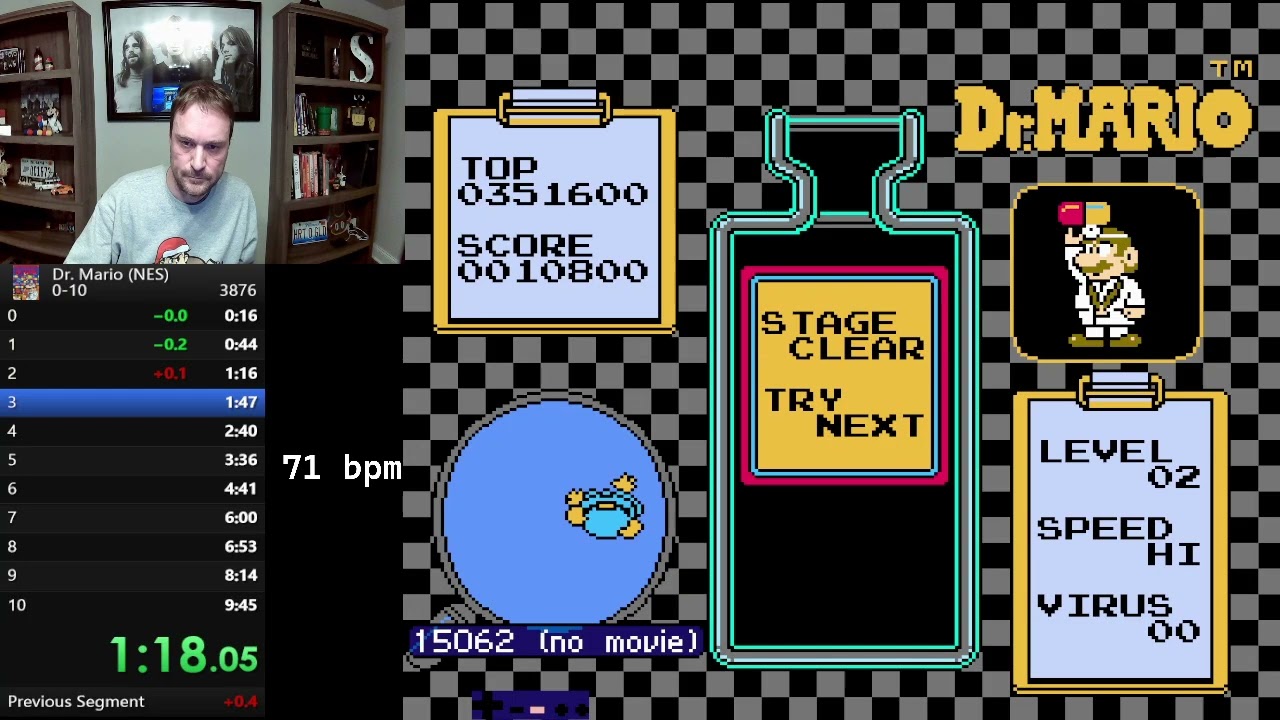 Dr. Mario NES 0-10 (9:44, unofficial WR)