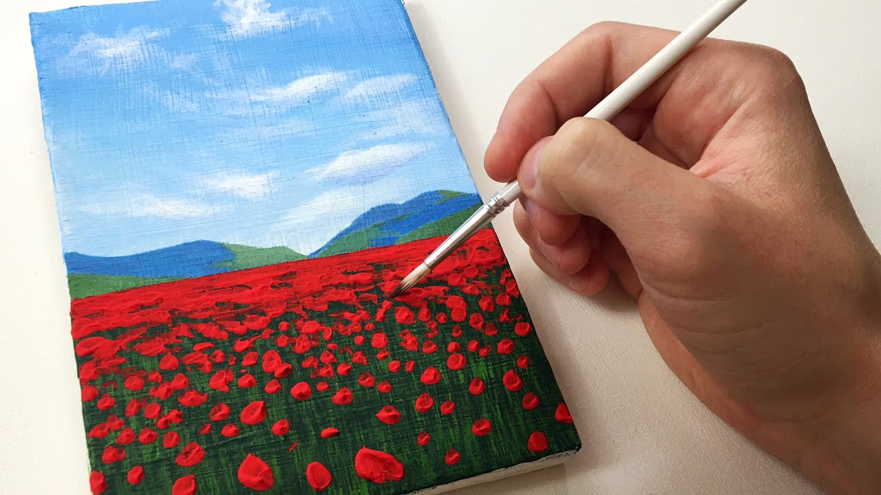 Poppy Field Landscape Painting on Small Canvas - Time-lapse