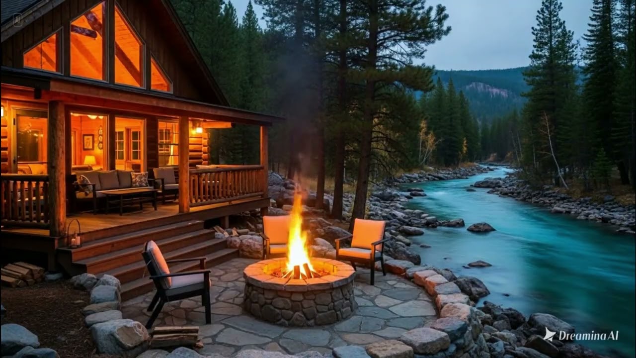 Peaceful Morning Riverside Cabin Porch Ambience 🌲🔥 Cozy Fire Pit, Calm Water Sounds & Birdsong