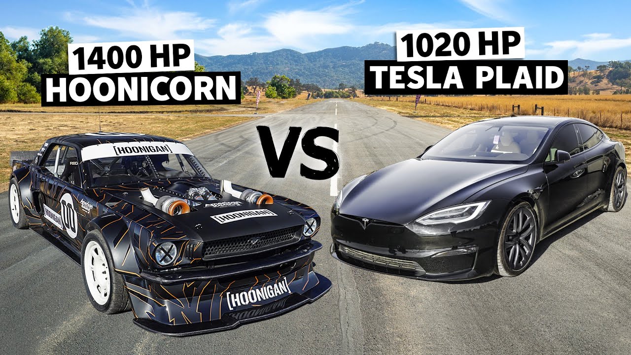 EV vs ICE Drag Race! Tesla Model S Plaid vs Lia Block's 1400hp AWD Hoonicorn