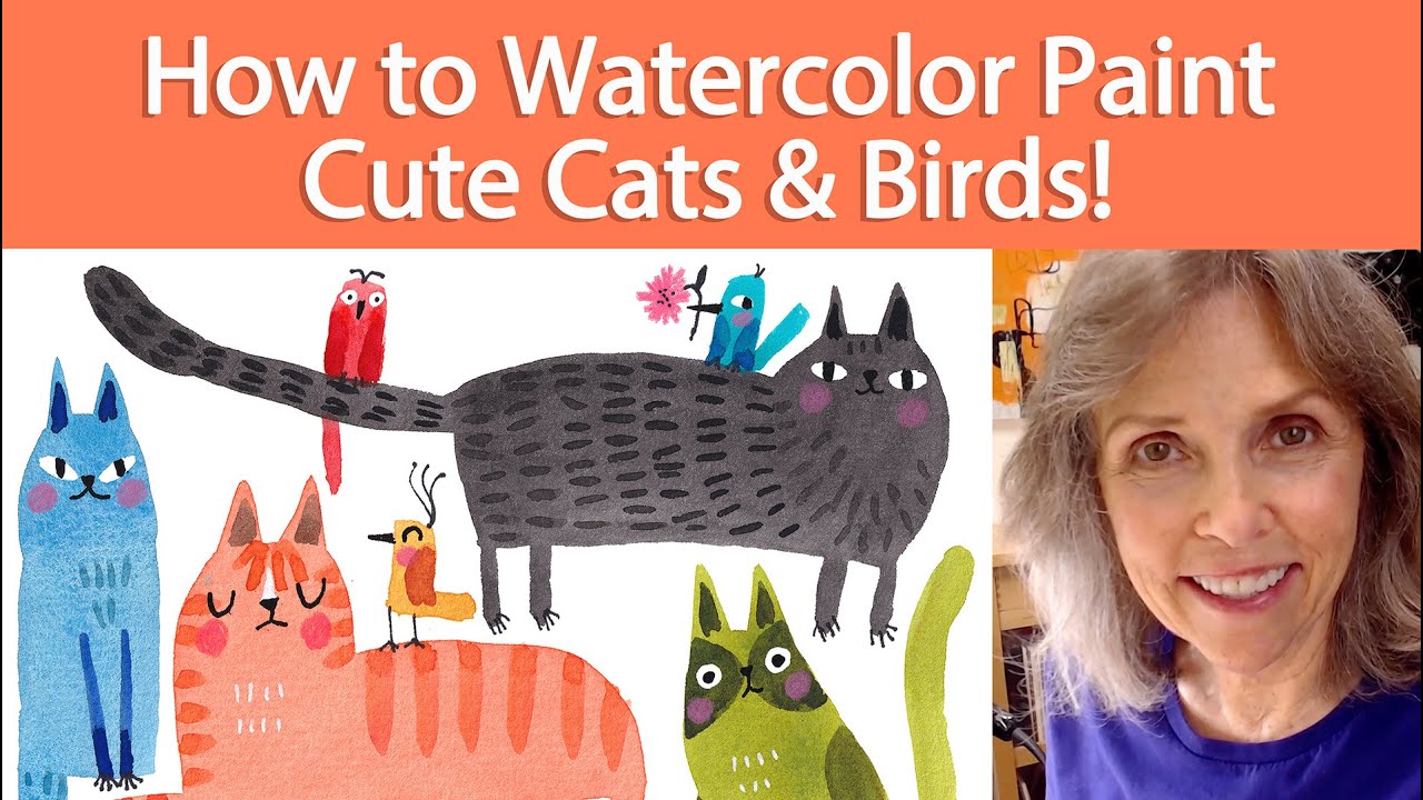How to Watercolor Paint Cute Cats & Birds!