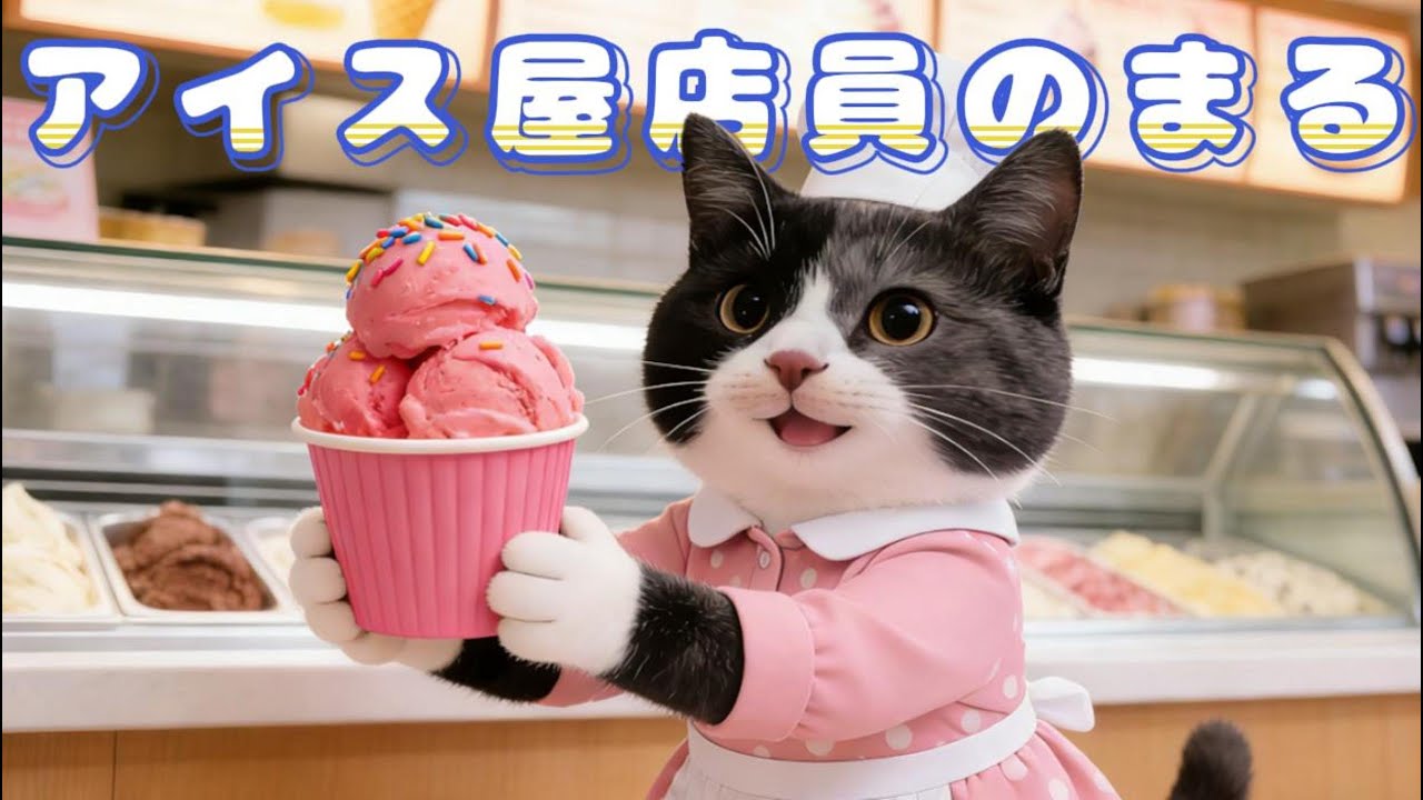 今日はアイスクリーム屋さんで働きました、本当に美味しいですね！🐱🍨