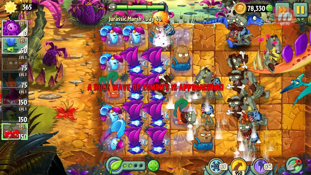 Plants vs zombies 2-Jurassic Marsh day 40 (no gold bloom/no plant food/level 1 plants) walk through