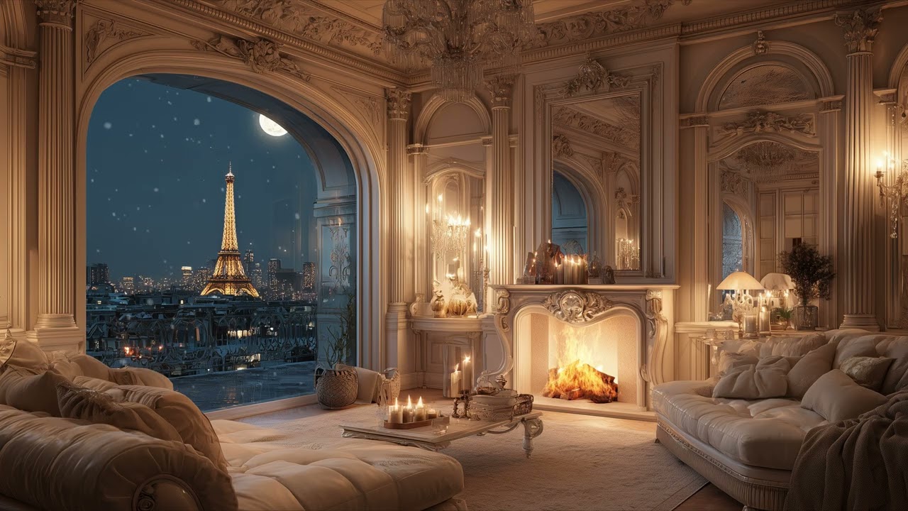 Relaxing Gentle Jazz Music ❄️ Cozy Paris Apartment | Eiffel Tower View & Fireplace (No Ads)
